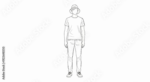 Hand-drawn sketch of a person wearing a bucket hat, t-shirt, jeans, and sneakers