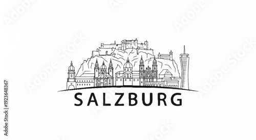 Hand-drawn sketch of a historic cityscape with a fortress on a hill and modern tower