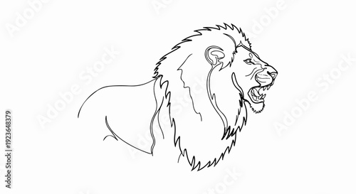 Minimalist black and white line drawing of a roaring lion with a prominent mane