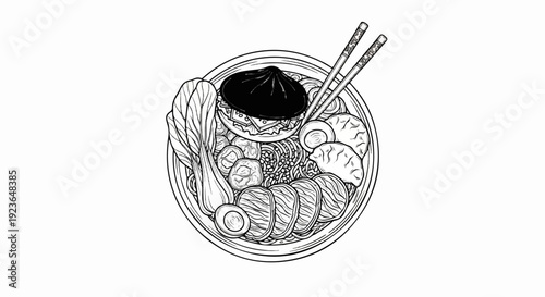 Hand-drawn sketch of a steaming bowl of Asian noodles with diverse toppings and chopsticks