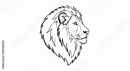 Minimalist black and white outline drawing of a male lion's head