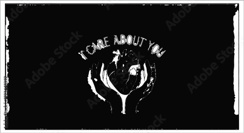 Hands cradle a detailed human heart with text above I CARE ABOUT YOU