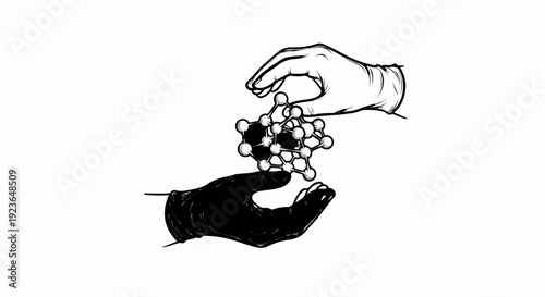 Hands in black and white gloves hold a molecular structure