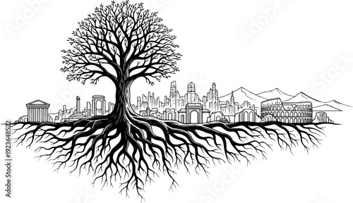 Large tree with sprawling roots supporting a cityscape and ancient ruins