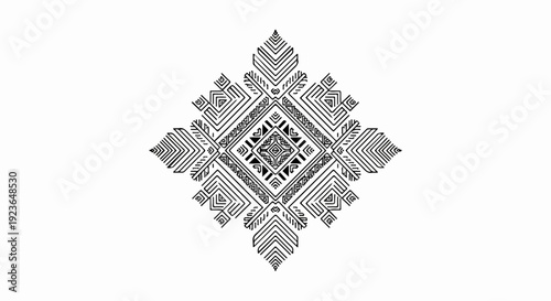 Intricate black and white geometric mandala with diamond and heart motifs