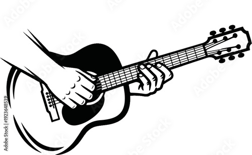 Hands playing an acoustic guitar, black and white line art illustration