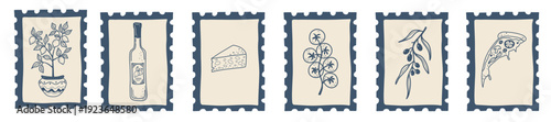 Stamp-style food illustrations inspired by Italian seaside cuisine, including fish, pizza, lemons and Mediterranean ingredients.