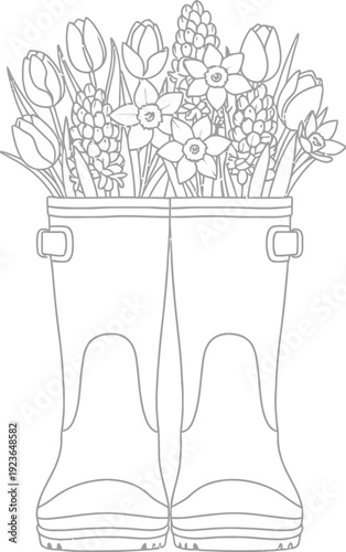Charming black and white line art illustration depicts a pair of rubber rain boots overflowing with a beautiful arrangement of blooming spring flowers ready for coloring.
