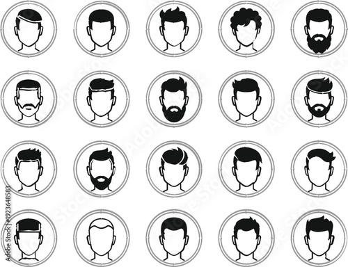 Collection of male avatar profile icons featuring various hairstyles beards and mustaches for user interface and social media design