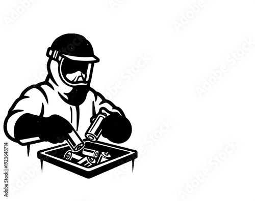 Hazmat suit person sorts batteries into a collection tray for recycling