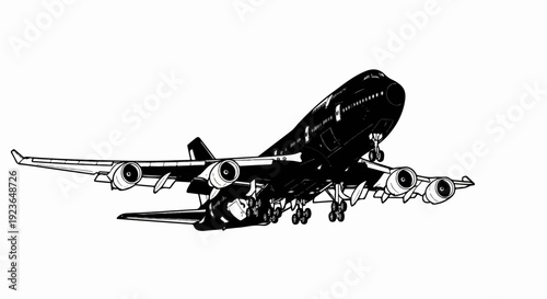 Large aircraft with four engines and landing gear extended in flight