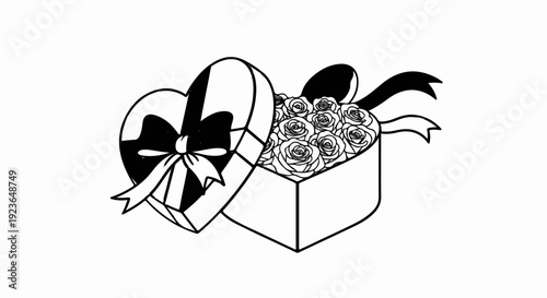 Heart-shaped box overflowing with roses and tied with a ribbon