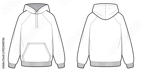 Raglan Pullover Hoodie Jacket- Flat Technical Drawing -Front and Back View- Cad/ Vector Illustration
