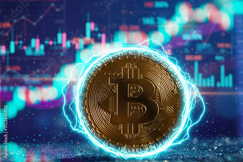 Bitcoin cryptocurrency coin energized by blue lightning, set against a dynamic, blurred backdrop of financial market charts symbolizing digital currency growth and innovation.
