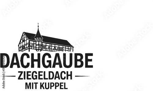 Historic building with a tiled roof and a spire, featuring bold text