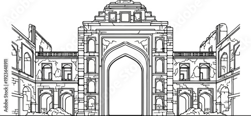 Intricate line drawing of a crumbling ancient stone gateway with arches