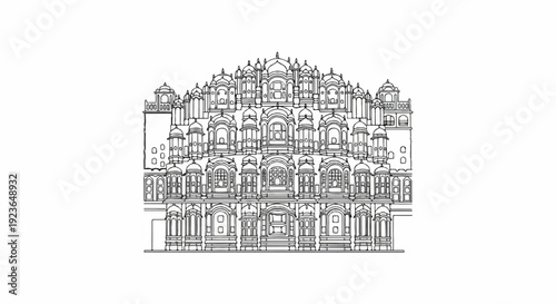 Intricate line drawing of a multi-tiered ornate building with many windows