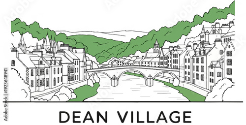 Historic village with arched bridge over river, nestled by green hills
