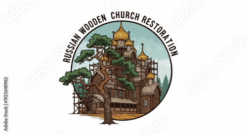 Historic wooden church undergoing restoration, surrounded by scaffolding and a pine tree