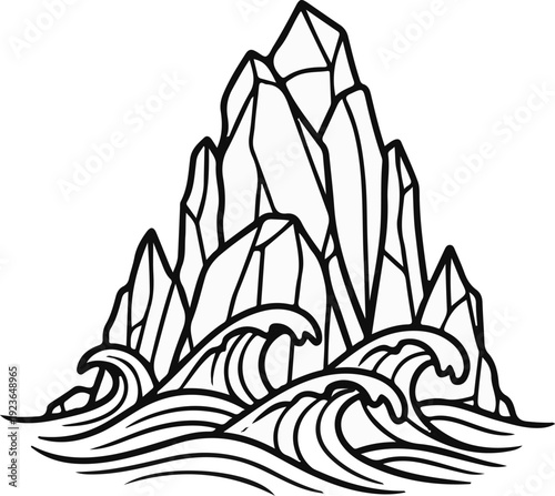 Jagged rocks rise from crashing waves, a stark natural scene