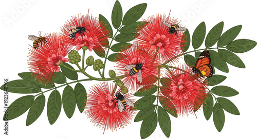 A vibrant illustration of a flowering tree branch with butterflies and bees