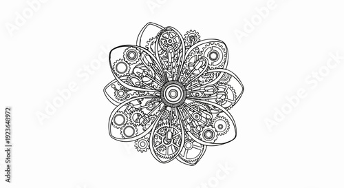 Intricate mechanical flower illustration with gears and clockwork mechanisms