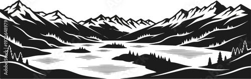 Jagged mountains rise above a serene lake dotted with islands and pine trees