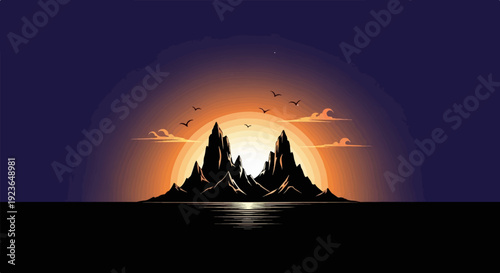 Jagged peaks rise from calm water under a vibrant sunset sky