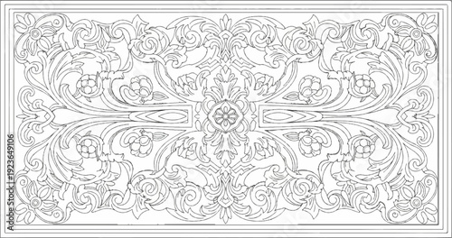 Intricate symmetrical floral and scrollwork in monochrome outline design