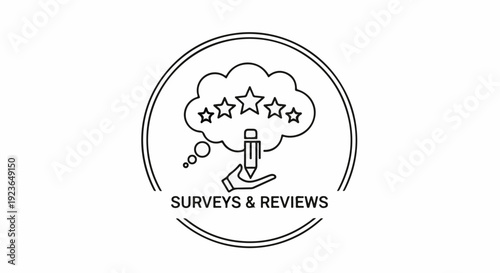 Icon of hand holding pencil with stars in thought bubble, text Surveys & Reviews
