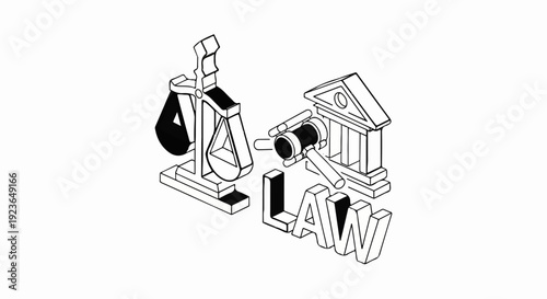 Isometric 3D graphic art represents justice, judgment, and legal proceedings