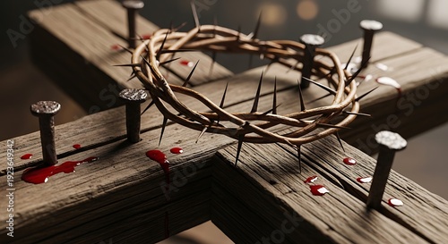 A crown of thorns lies on a wooden cross with nails and blood