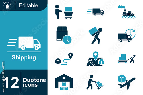 Shipping and logistics icons set delivery truck, package, warehouse, airplane, location pin, trolley, and timeline for global transport and e-commerce business concepts