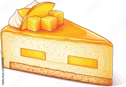 A slice of mango cheesecake with a creamy texture and caramelized topping on a white background
