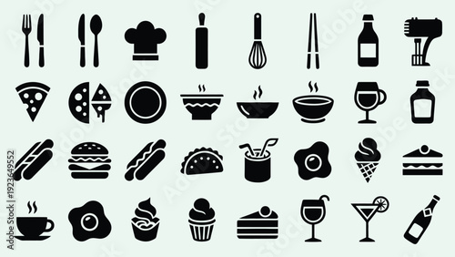 Set of food and drink kitchen vector icons featuring cup coffee glass wine cake beer tea bottle hamburger cocktail and cooking symbols