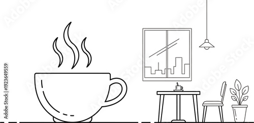 Minimalist line art illustration depicts a large steaming hot beverage beside a cozy cafe setting with a window view of the cityscape design concept