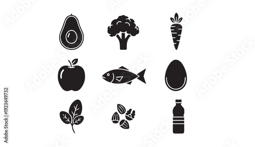 Set of healthy food icons including fruits and vegetables