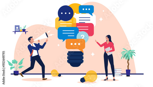Successful business professionals brainstorming marketing ideas with a man using a megaphone and a woman pointing to a large light bulb filled with speech bubbles, flat design vector illustration
