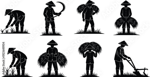 Farmer Agriculture Farming Rural Harvest Labor Worker Silhouette Field Crop Rice Traditional Asian Countryside Village Lifestyle Culture Work Tools Hat