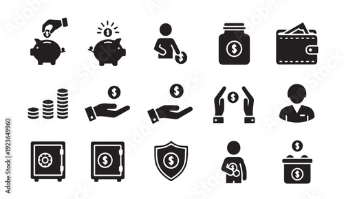 Set of black finance and banking icons on white background