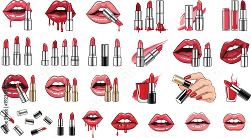 Lipstick and Glamorous Lips Collection with Red Makeup Smears, Dripping Gloss and Cosmetic Beauty Elements for Fashion Illustration and Branding