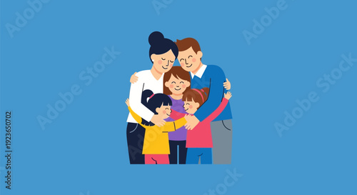 Happy family with two parents and two children hugging.