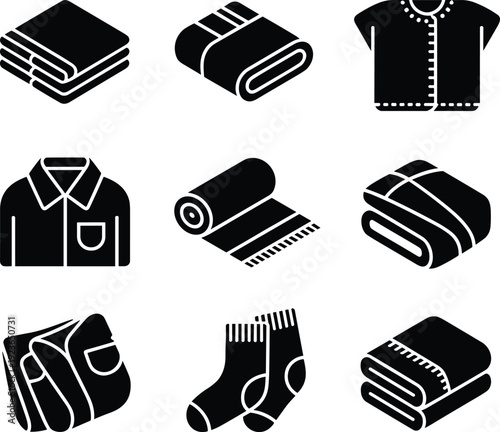 Clothing textile icons, folded garments, socks silhouette, shirt illustration, jacket outline, blanket design, rug roll, apparel sketch, wardrobe elements