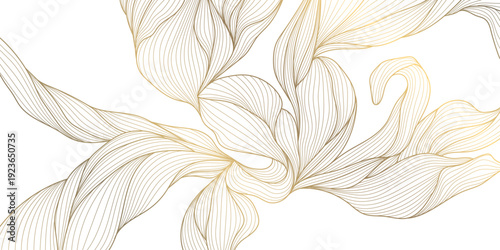 Luxury botanical pattern, elegant gold line leaves, floral elements on white background. Modern vector illustration Japanese and Chinese ornament, vintage deco style, wedding cards, spa