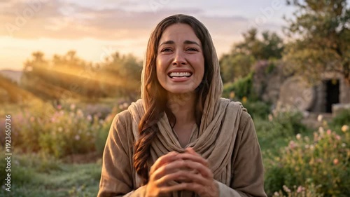 Emotional portrait of Mary Magdalene crying with joy and wonder as she discovers the risen Jesus Christ at dawn near an empty stone tomb set in a lush garden landscape