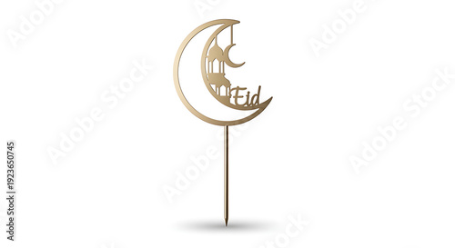 Golden Crescent Moon Eid Mubarak Cake Topper Isolated on White Background