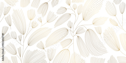 Luxury botanical pattern, elegant gold line leaves, floral elements on white background. Modern vector illustration Japanese and Chinese ornament, vintage deco style, wedding cards, spa