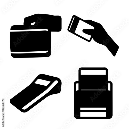 Set of card payment and transaction process icons illustrating modern digital purchasing methods
