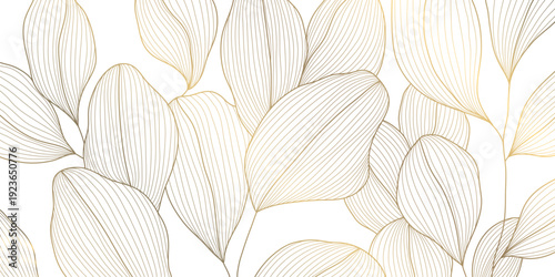 Luxury botanical pattern, elegant gold line leaves, floral elements on white background. Modern vector illustration Japanese and Chinese ornament, vintage deco style, wedding cards, spa