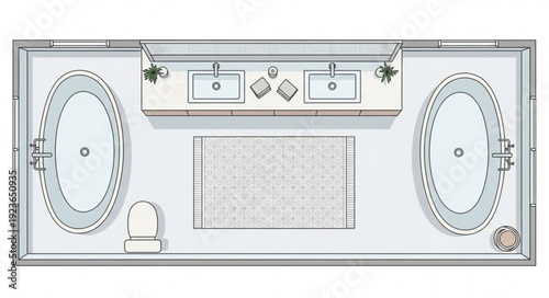 Bathroom layout with two sinks, two bathtubs, and a central vanity area.